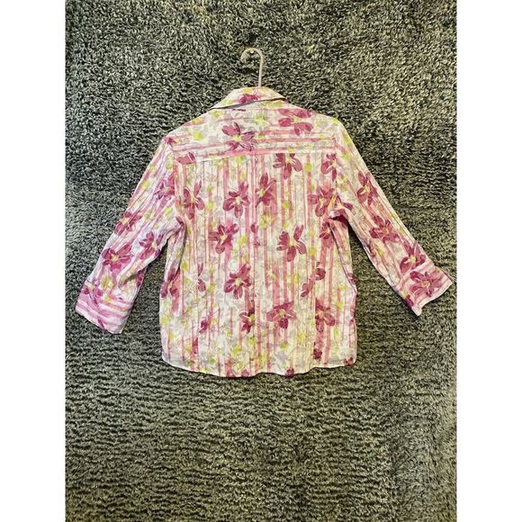Joanna Pink Accordian semi sheer Top Floral button Blouse Crinkle Medium - Picture 3 of 15